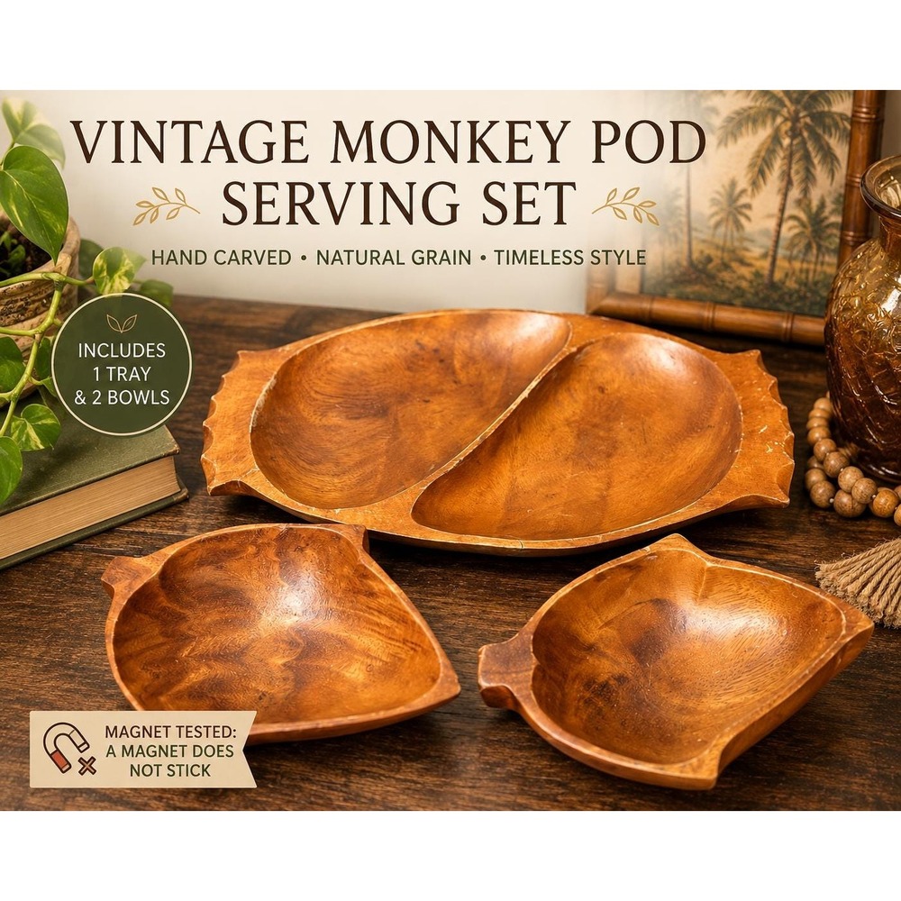 VTG Hand Carved Monkey Pod Wood Divided Serving Tray with 2 Leaf Snack Bowls mcm